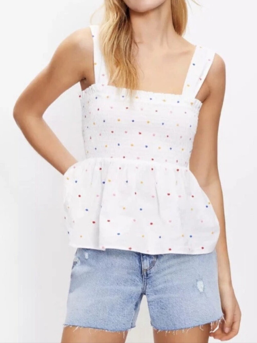 LOFT White Smocked Peplum Top with Multicolor Embroidered Dots - Petite Small